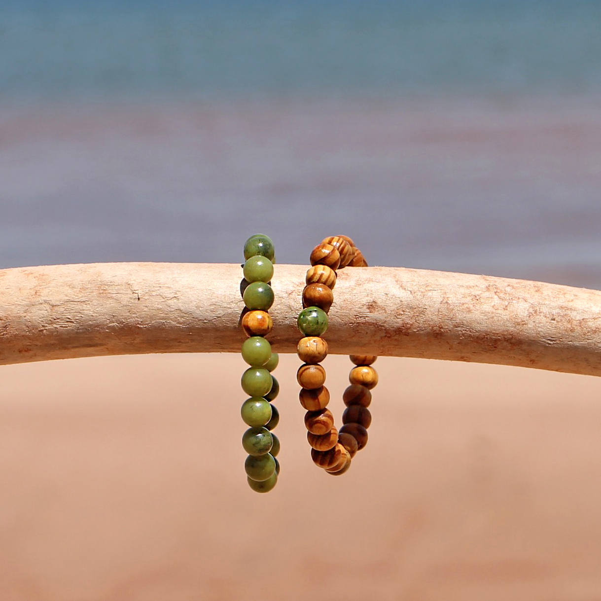 Couples Bracelet Set of 2 Burlywood and Jade Stretch Bracelets