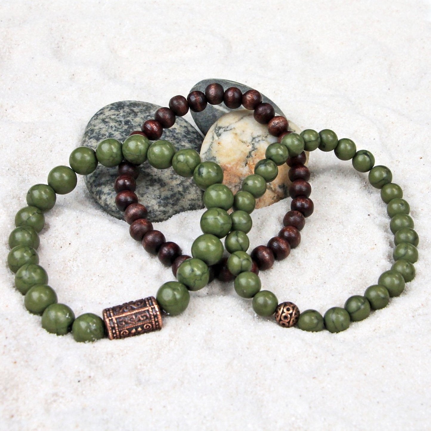 Men's Bracelets Set of 3 Beaded Stretch Bracelets Stack in Natural Tones of Olive, Bronze and Brown - M3