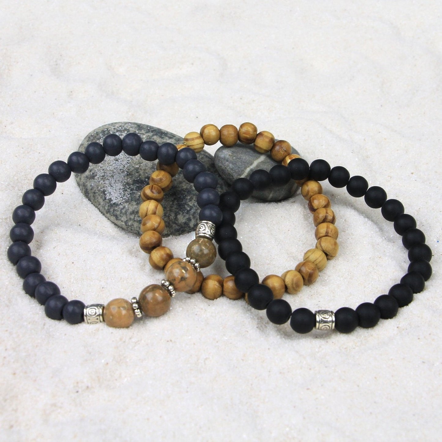 Men's Bracelets Set of 3 Beaded Stretch Bracelets Stack - M11