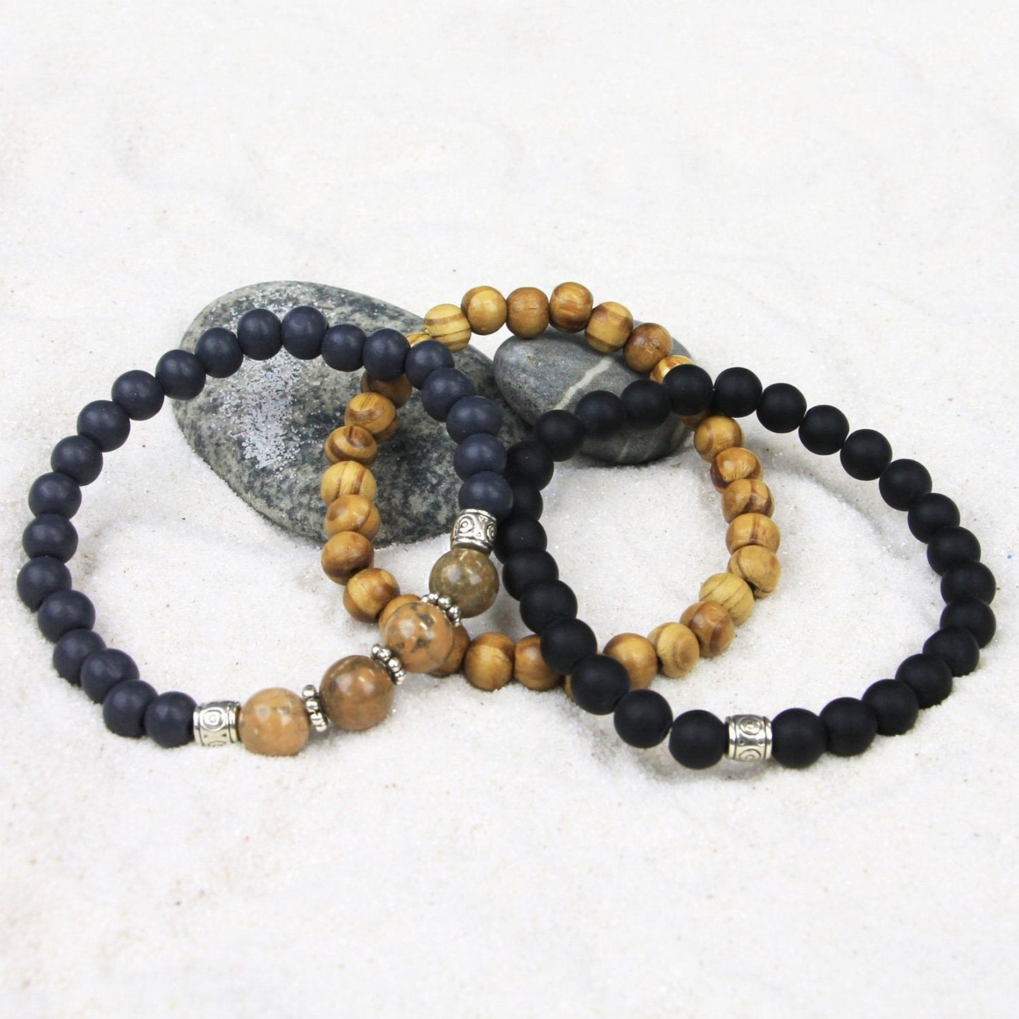 Men's Bracelets Set of 3 Beaded Stretch Bracelets Stack - M11