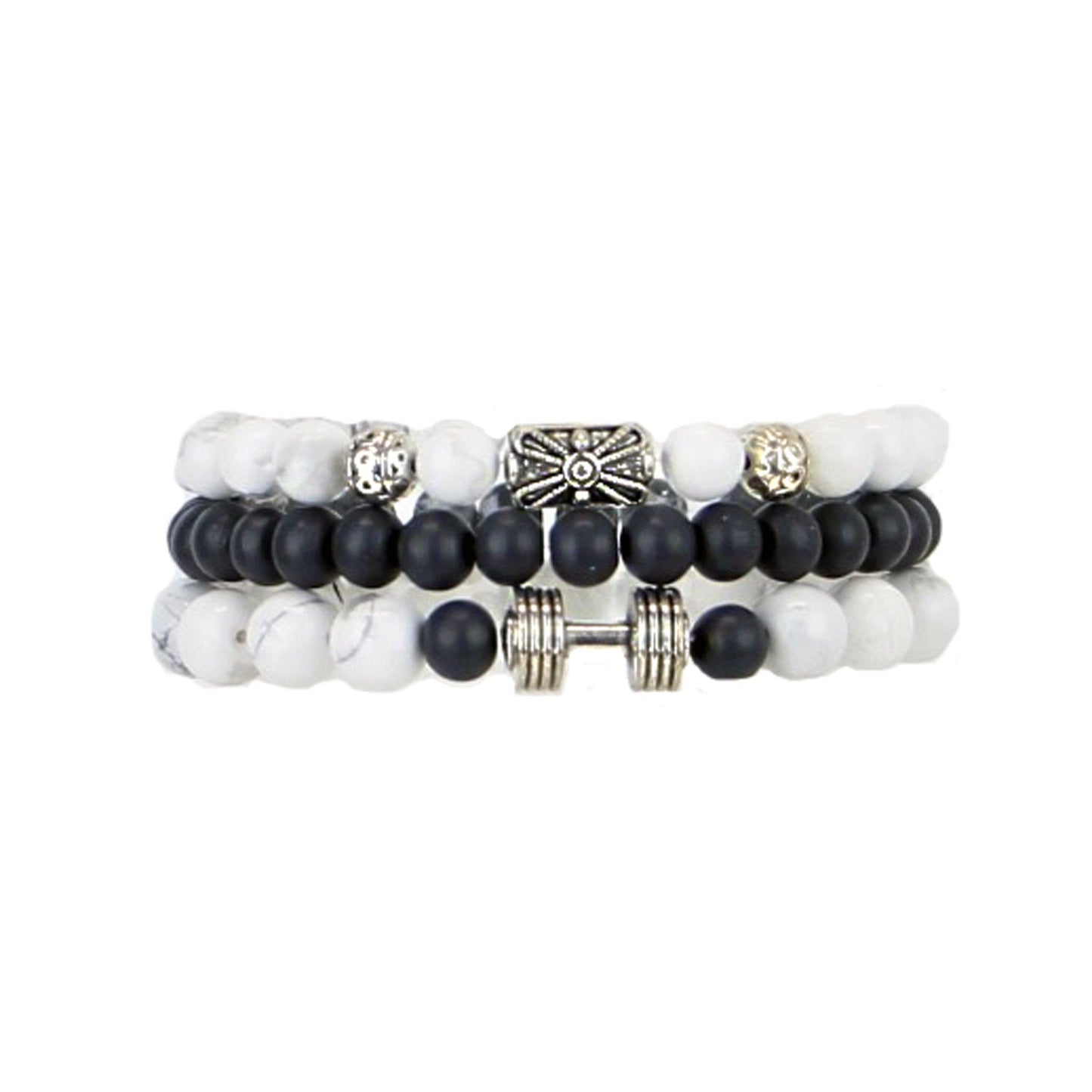 Men's Bracelets Set of 3 Beaded Stretch Bracelets Stack in Marbled White and Greys - M13
