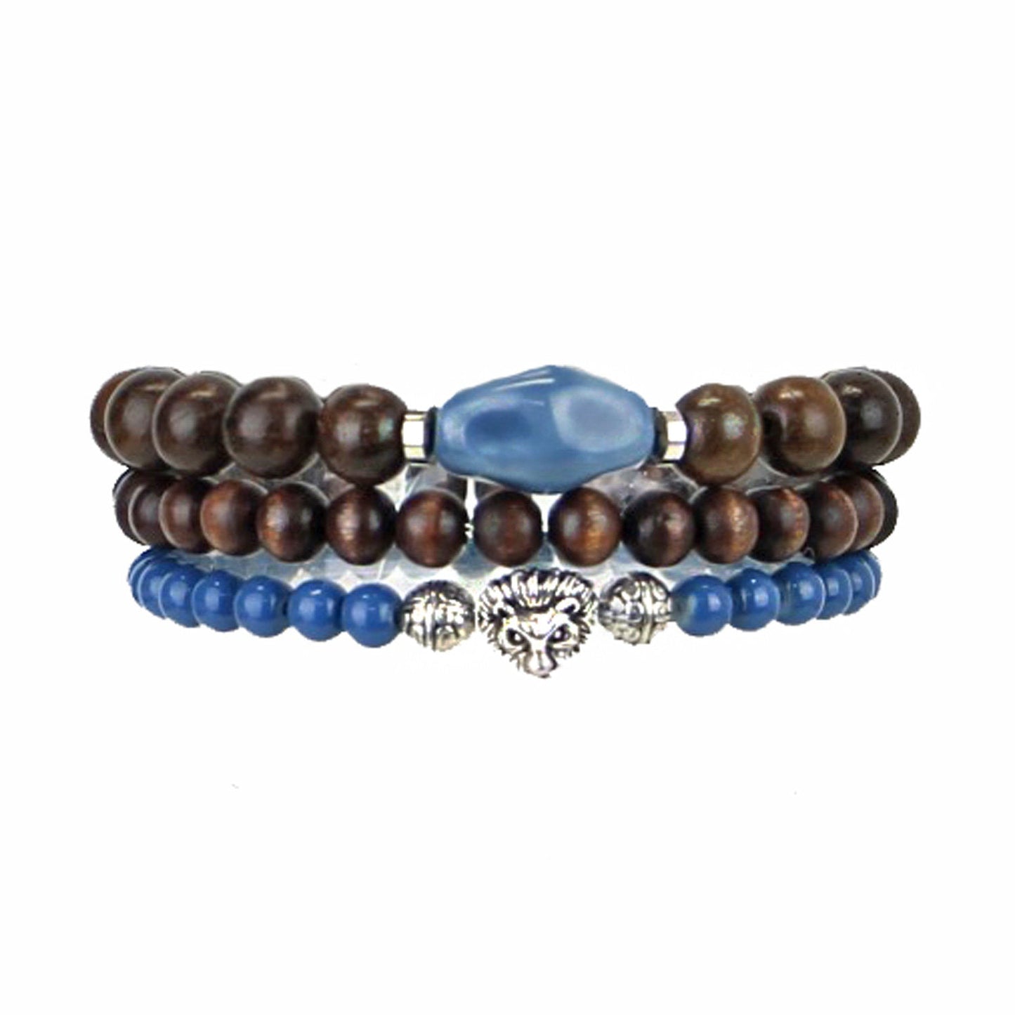 Men's Bracelets Set of 3 Beaded Stretch Bracelets Stack in Denim Blues and Brown - M14