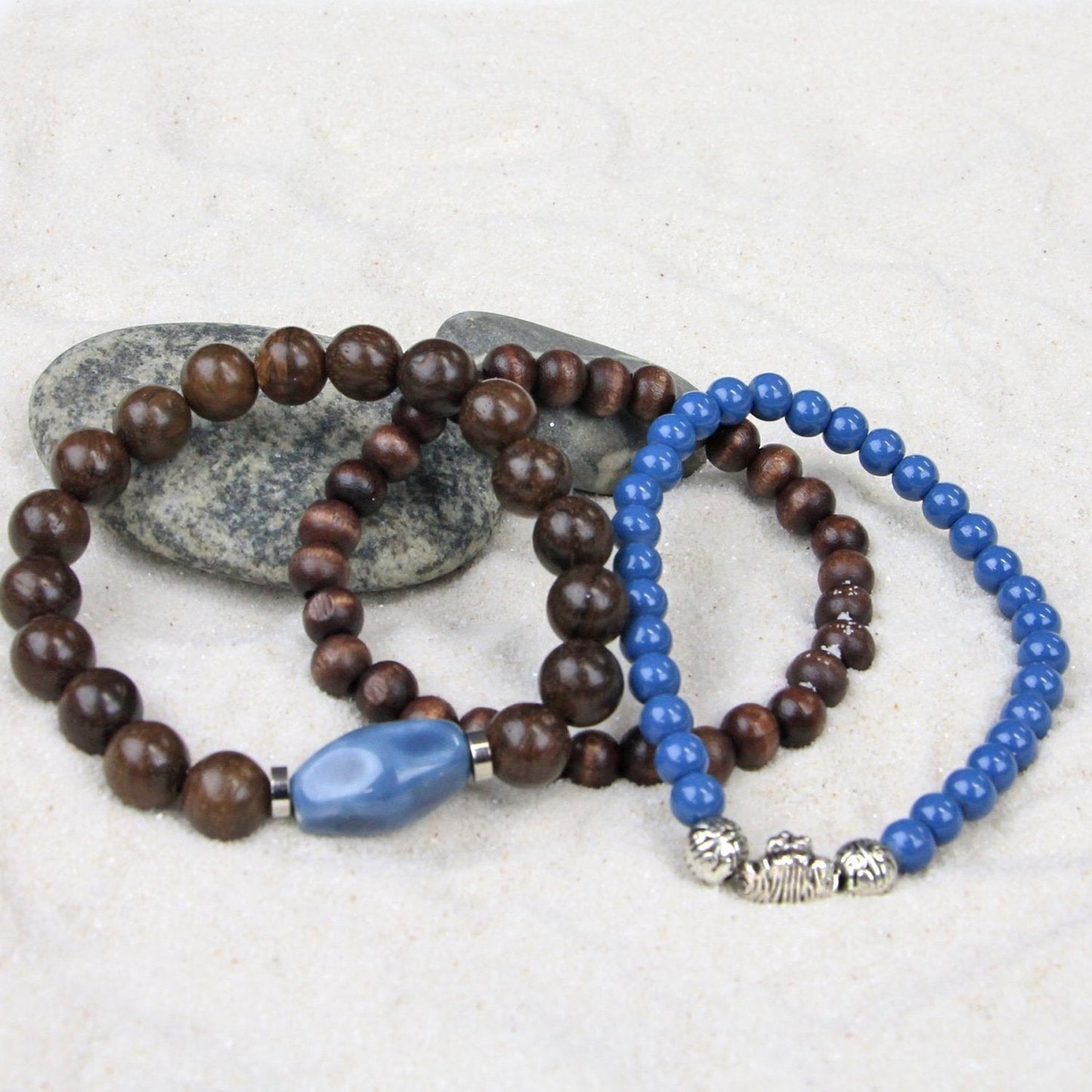 Men's Bracelets Set of 3 Beaded Stretch Bracelets Stack in Denim Blues and Brown - M14