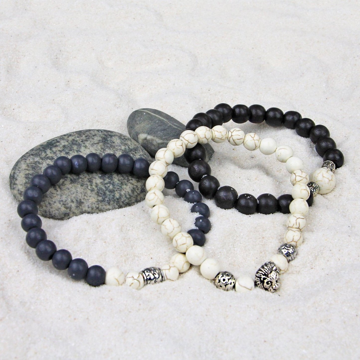 Men's Bracelets Set of 3 Beaded Stretch Bracelets Stack in Cream and Black - M16