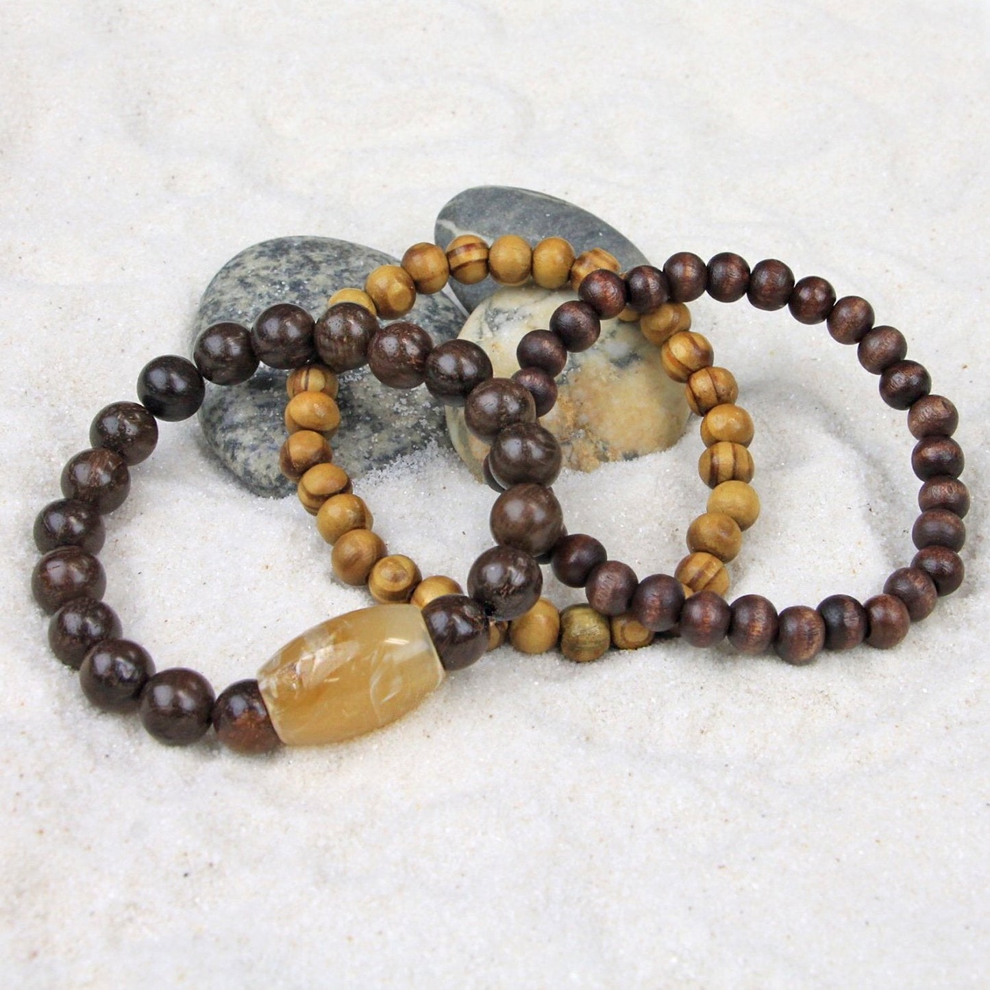 Men's Bracelets Set of 3 Beaded Stretch Bracelets Stack Wooden Beads Natural Tones - M17
