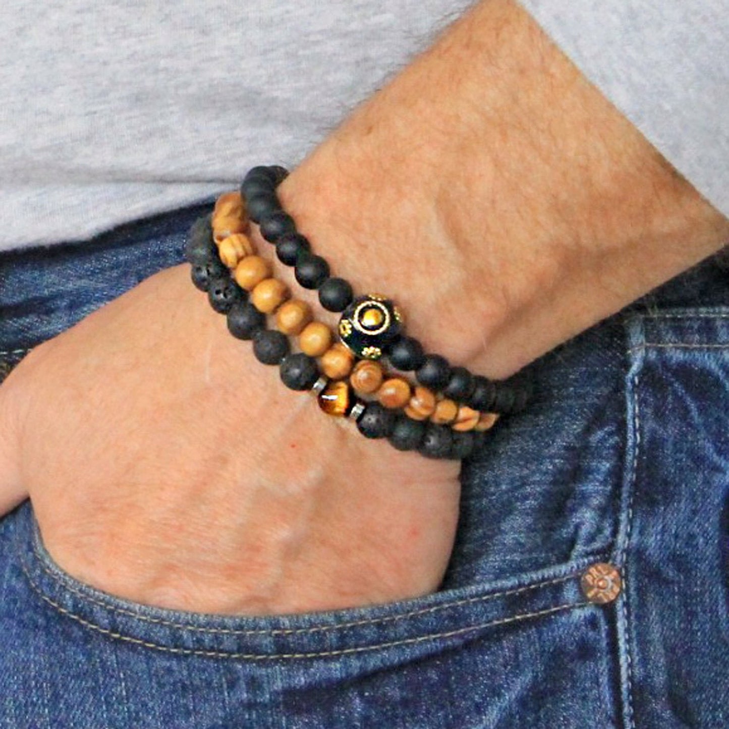 Men's Bracelets Set of 3 Beaded Stretch Bracelets Stack in Tones of Black and Natural Wood - M20