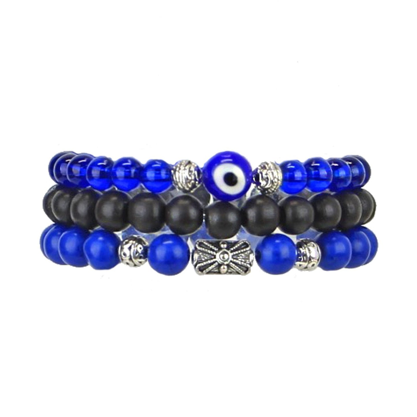 Men's Bracelets Set of 3 Beaded Stretch Bracelets Evil Eye Stack Blues and Black - M7