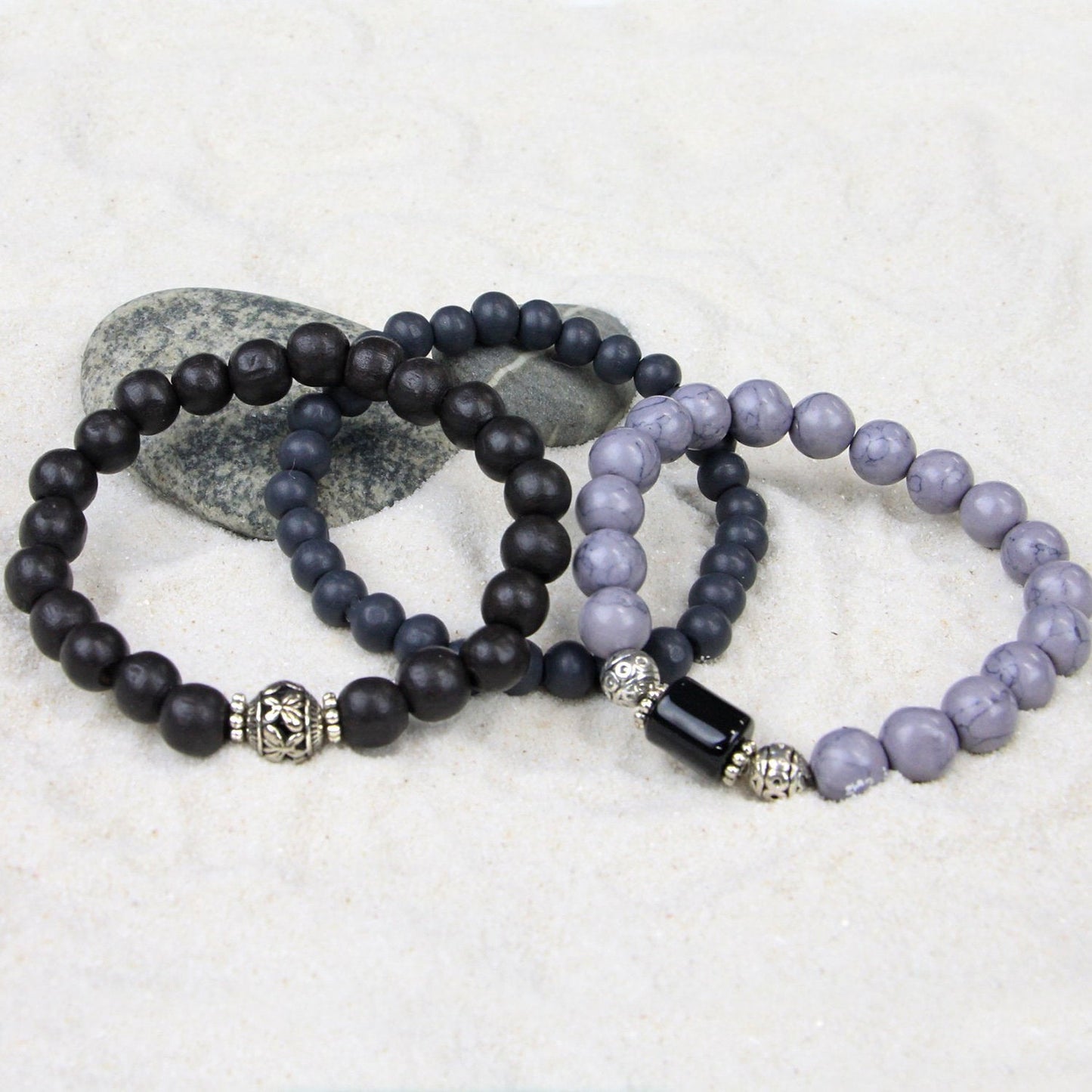 Men's Bracelets Set of 3 Beaded Stretch Bracelets Stack in Muted Grey and Blacks - M12