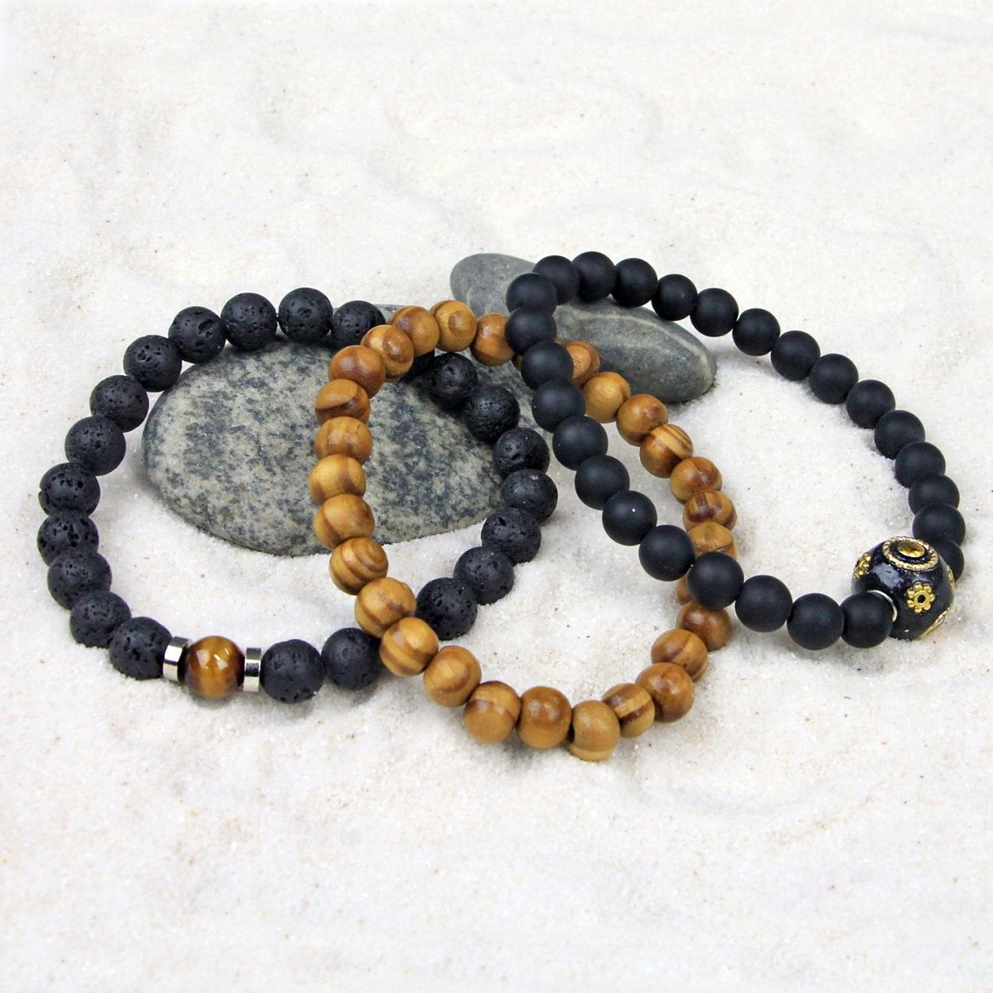 Men's Bracelets Set of 3 Beaded Stretch Bracelets Stack in Tones of Black and Natural Wood - M20