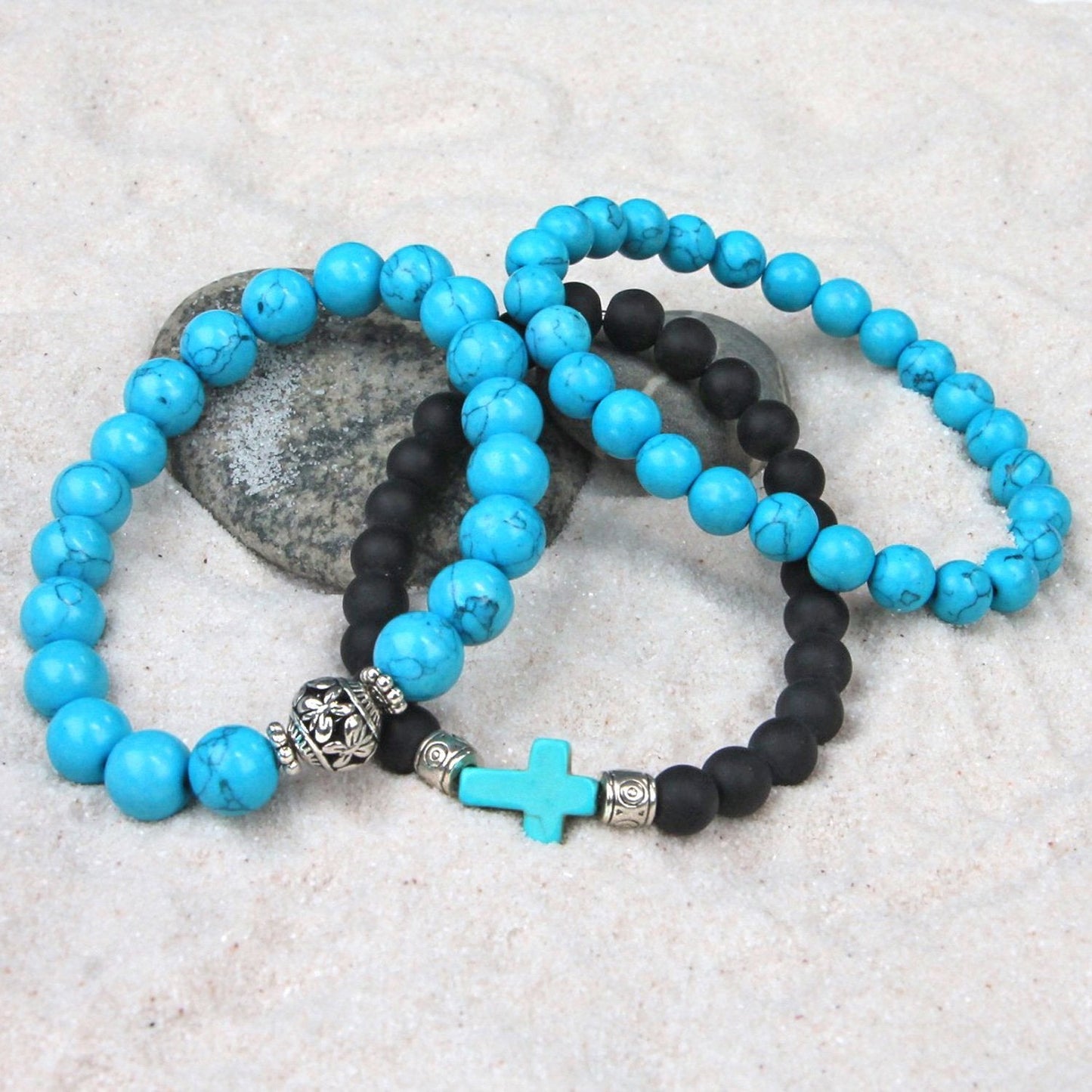 Men's Bracelets Set of 3 Beaded Stretch Bracelets Turquoise and Black Stack - M6