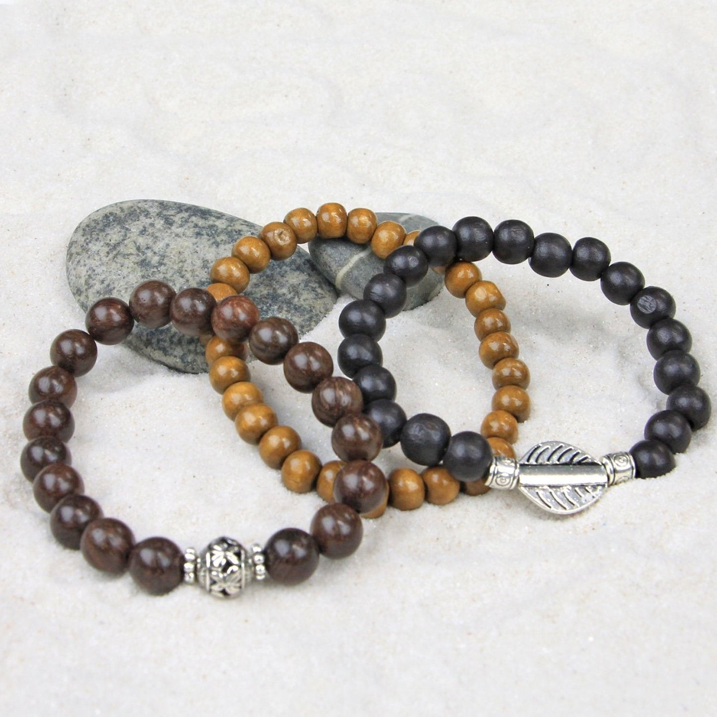 Men's Bracelets Set of 3 Beaded Stretch Bracelets Stack Wooden Beads Natural Tones - M9