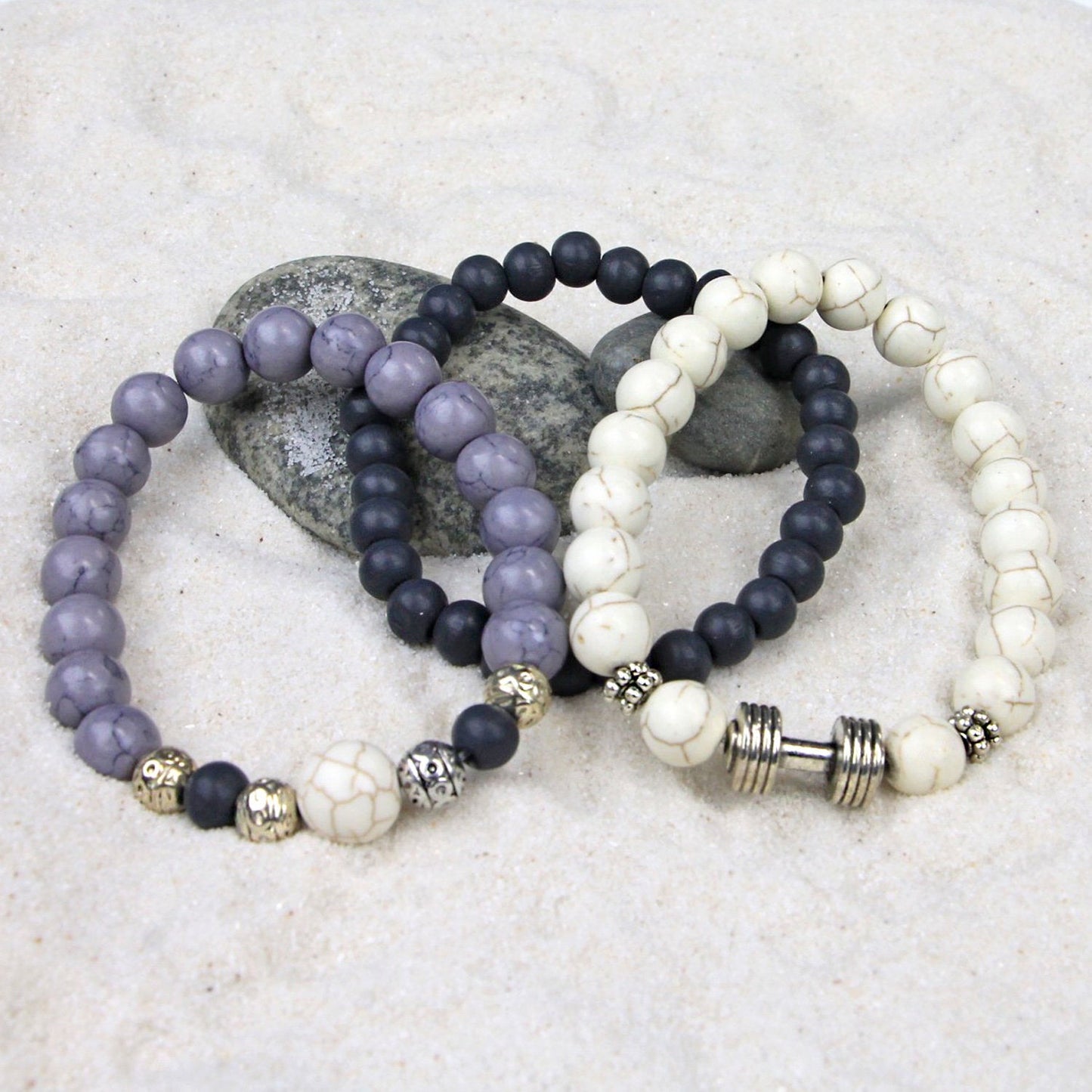 Men's Bracelets Set of 3 Beaded Stretch Bracelets Stack in Cream and Greys - M18