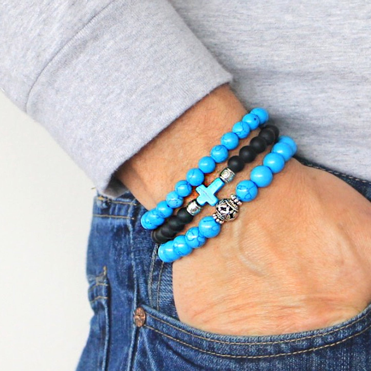 Men's Bracelets Set of 3 Beaded Stretch Bracelets Turquoise and Black Stack - M6