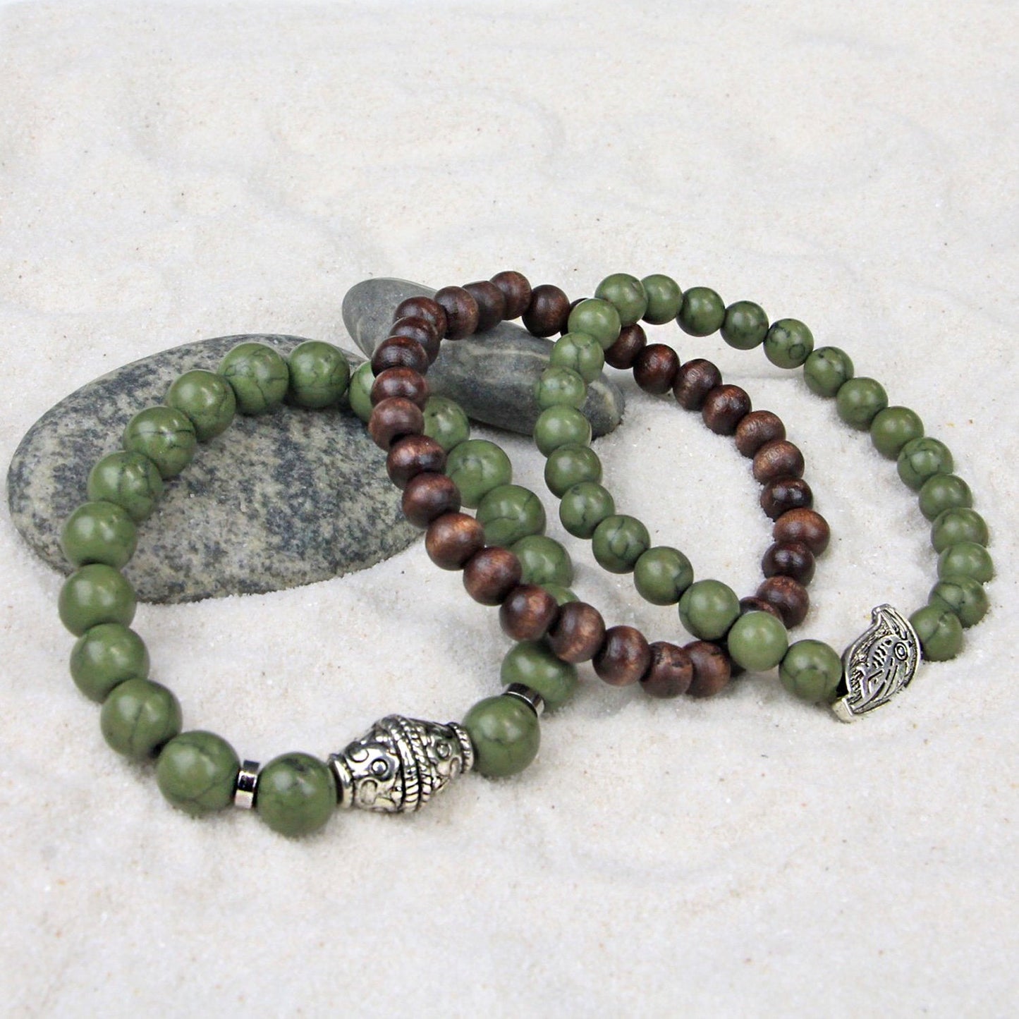 Men's Bracelets Set of 3 Beaded Stretch Bracelets Stack in Natural Tones of Olive, Bronze and Brown - M15