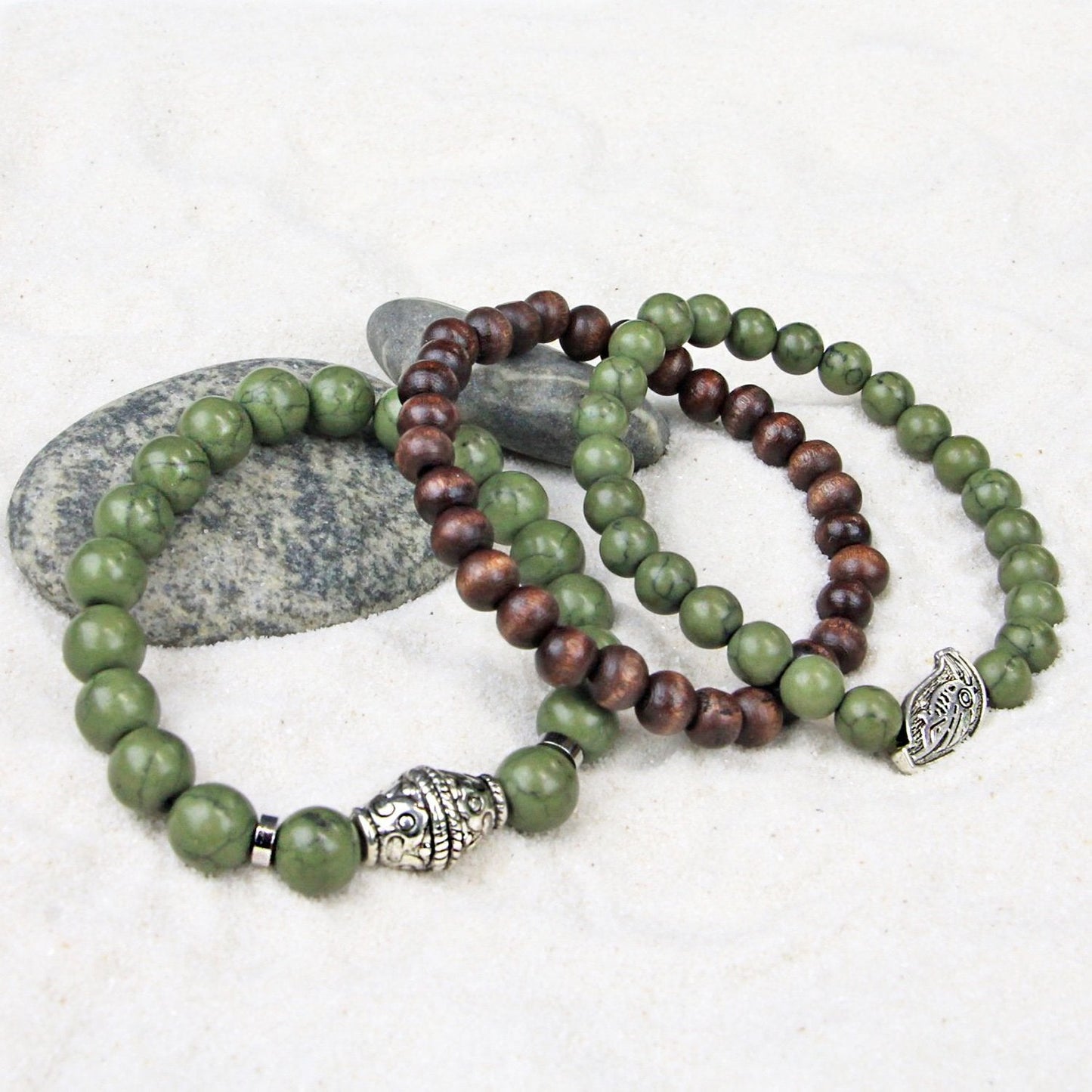 Men's Bracelets Set of 3 Beaded Stretch Bracelets Stack in Natural Tones of Olive, Bronze and Brown - M15