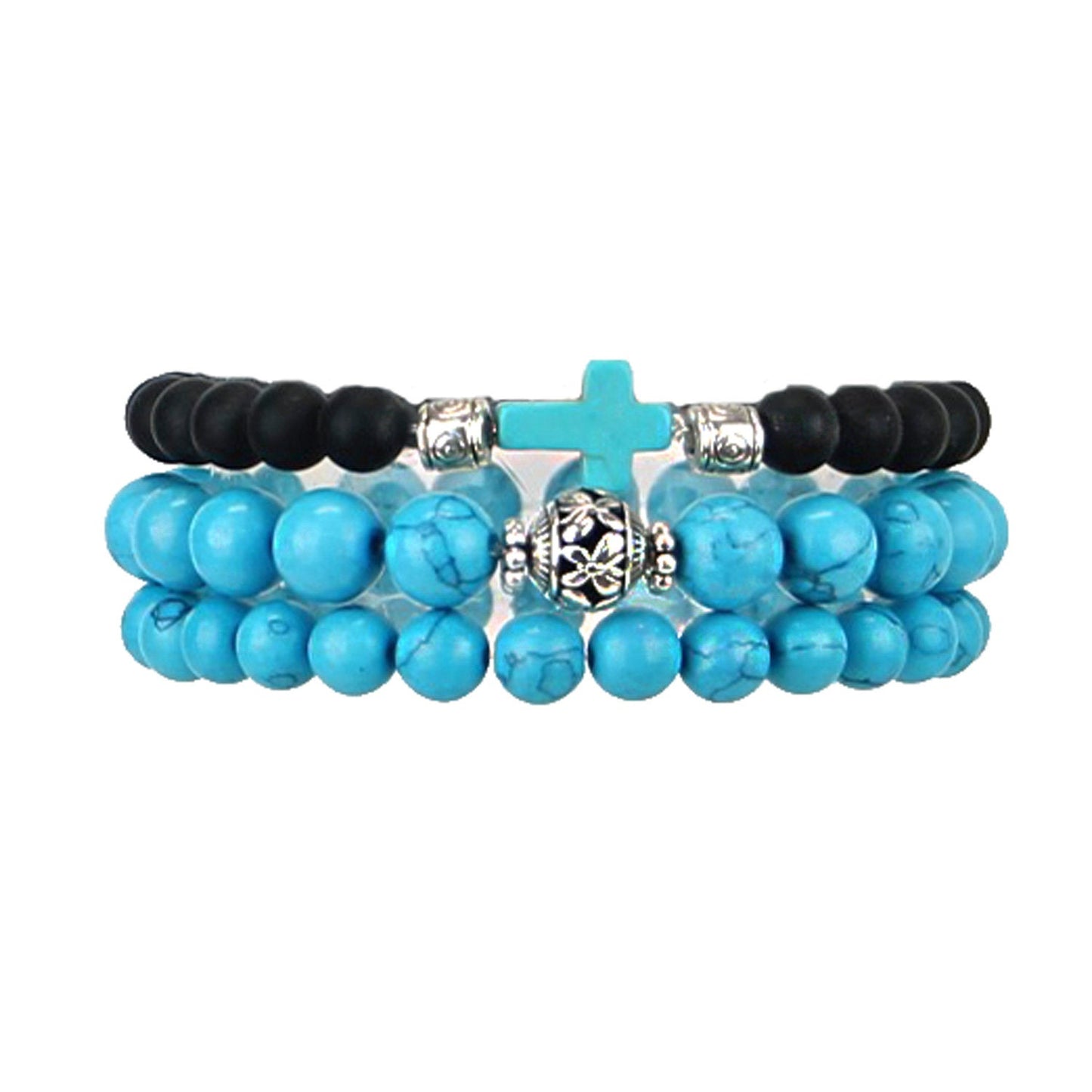 Men's Bracelets Set of 3 Beaded Stretch Bracelets Turquoise and Black Stack - M6