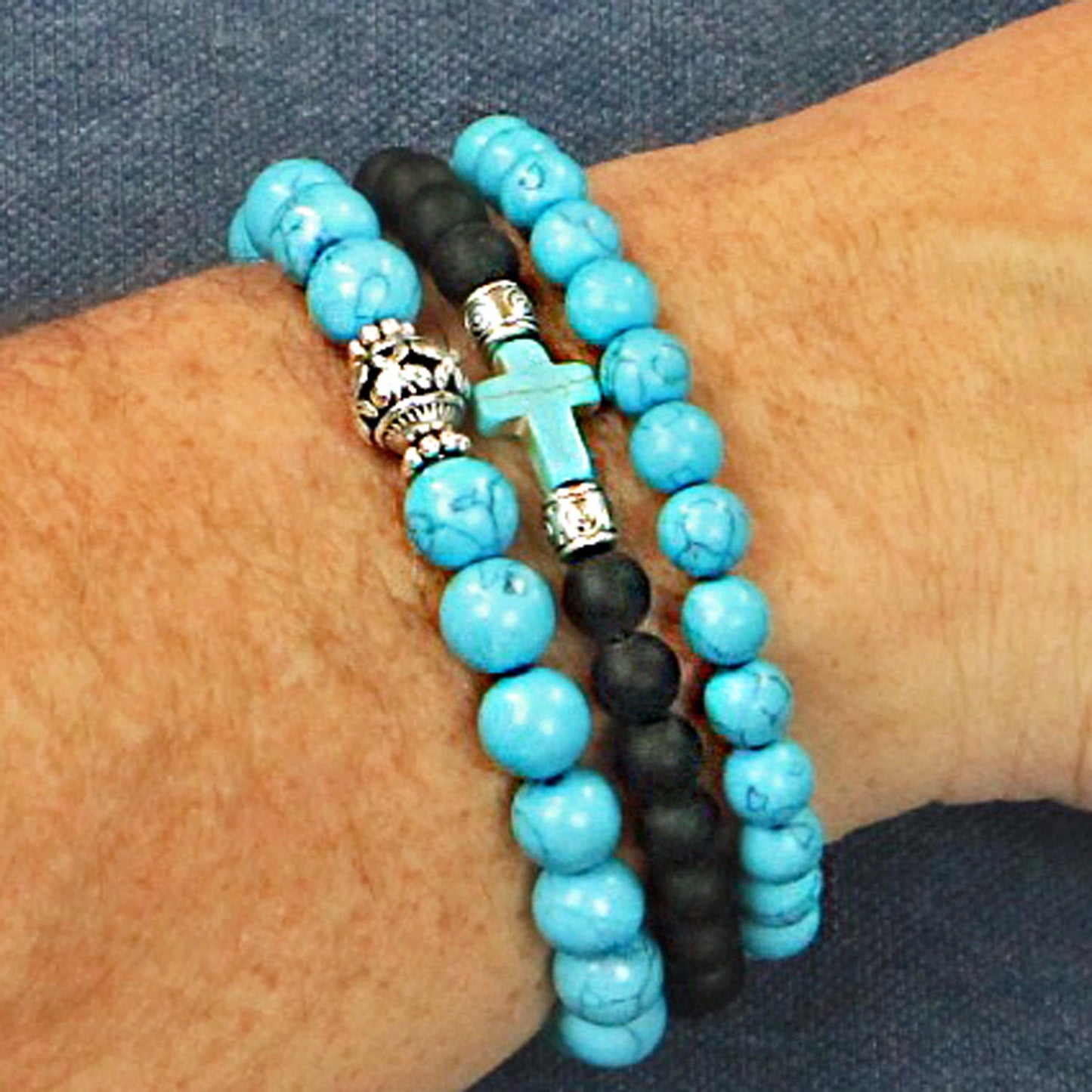 Men's Bracelets Set of 3 Beaded Stretch Bracelets Turquoise and Black Stack - M6