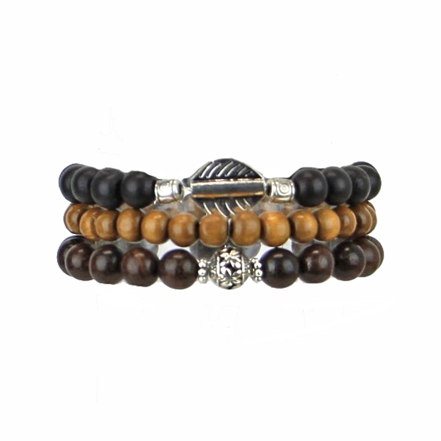 Men's Bracelets Set of 3 Beaded Stretch Bracelets Stack Wooden Beads Natural Tones - M9