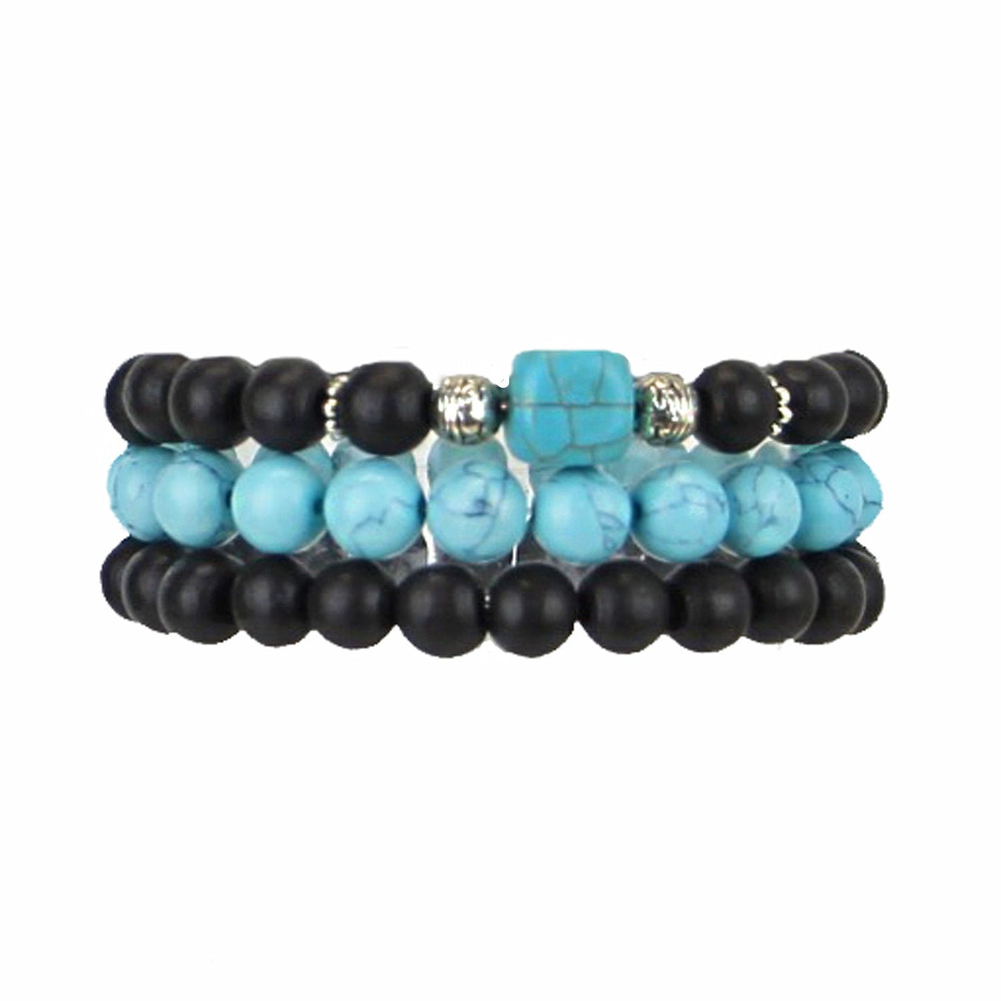 Men's Bracelets Set of 3 Beaded Stretch Bracelets Turquoise and Black wooden Bead Stack - M10