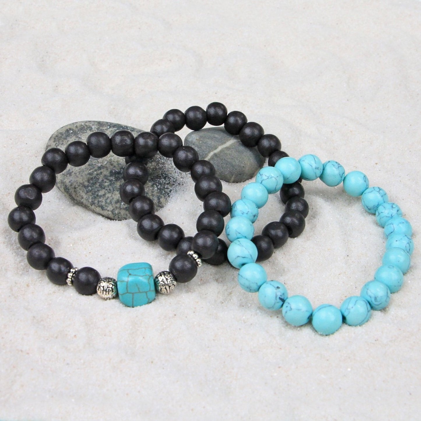 Men's Bracelets Set of 3 Beaded Stretch Bracelets Turquoise and Black wooden Bead Stack - M10