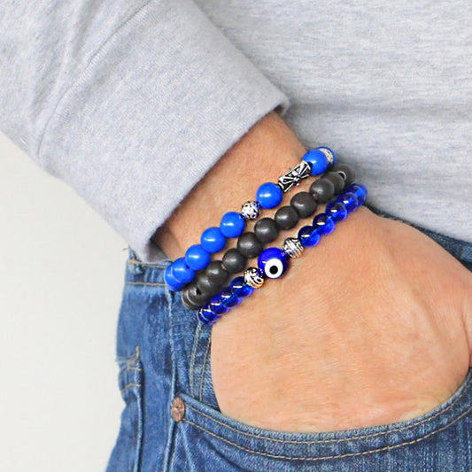 Men's Bracelets Set of 3 Beaded Stretch Bracelets Evil Eye Stack Blues and Black - M7